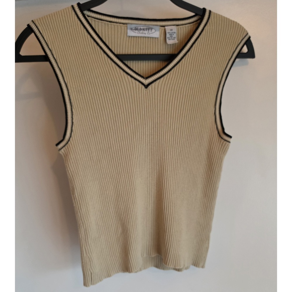 Old Navy Vest Top Women M Beige Black V-Neck Sleeveless Cotton Y2K Vintage